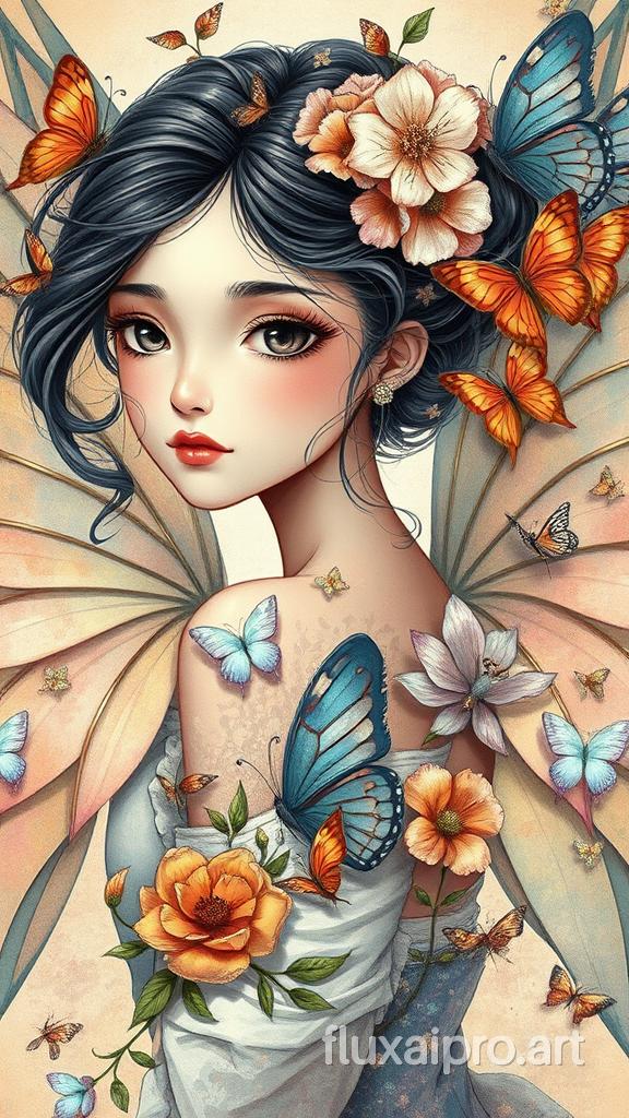 A mesmerizing fusion of styles and techniques, this illustration art piece features a captivating young woman with delicate wings adorned with intricate flowers and butterflies., illustration