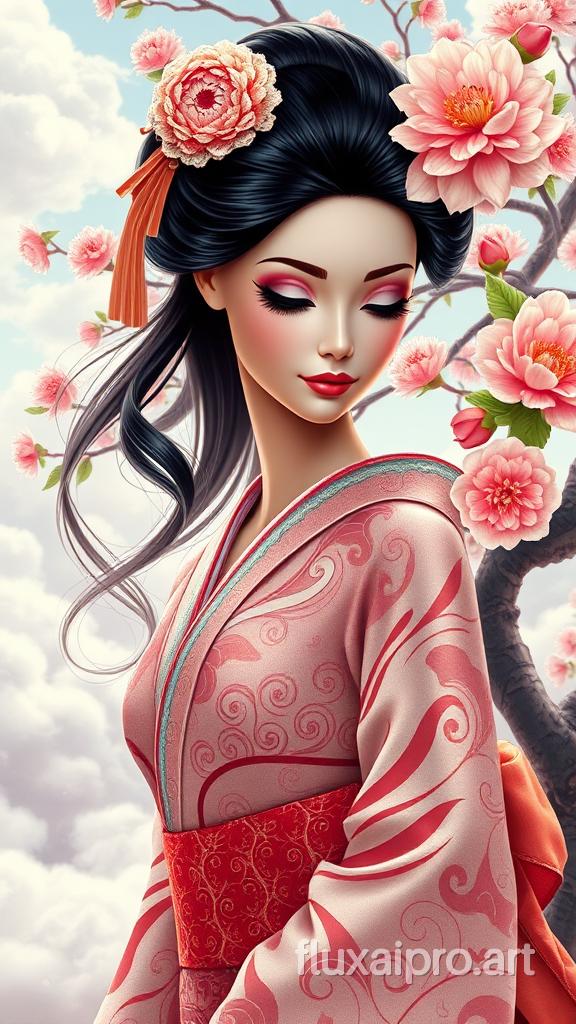 A stunning Fractal Patterned-inspired illustration of a Barbie doll portraying a Japanese geisha. The doll's head is slightly bowed, and her contemplative expression conveys an air of mystery. The geisha's kimono showcases flowing lines and intricate patterns reminiscent of Alphonse Mucha's signature style. The background features ethereal clouds and a blossoming tree adorned with peonies and chrysanthemums. The scene is illuminated by natural light and has a serene and diffuse glow.