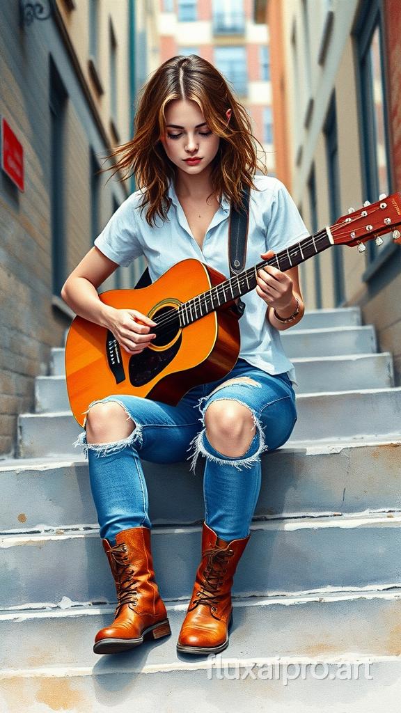 A colorful watercolor painting of a young woman with loose hair, wearing a white shirt, torn jeans, and brown boots. She is sitting on stairs in a city alley and playing an acoustic guitar. The background is out of focus and contains buildings.