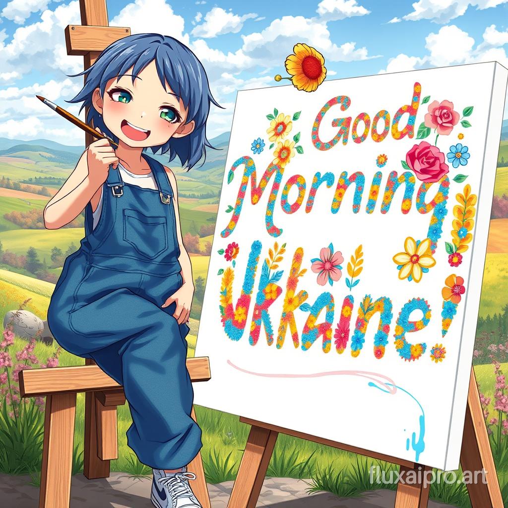 Photorealistic image of anime style, blue-haired girl in knee-length overalls and sneakers on her feet, she is passionately finishing a multicolor floral inscription “Good Morning, Ukraine! “ on a large canvas with an art brush, in excitement face cheerful with a small tongue sticking out the side of the mouth, slyly squinting at one eye, Slightly stained with paint from the easel, live pose of the artist, on the background of the landscape landscape, hyperrealism, detail 8K, photo RAW