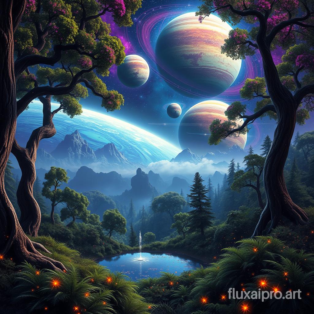 In a breathtaking fantasy landscape, the view from an enchanted forest reveals an awe-inspiring celestial tapestry stretching across the night sky. Towering, ancient trees with twisted trunks and vibrant foliage frame the scene, their leaves glimmering in hues of emerald and sapphire under the starlit sky. Above, massive planets of swirling colors, their atmospheres thick with clouds of vivid purples and blues, hang majestically in the void. Bright, colossal stars twinkle with a fierce luminosity, casting shimmering reflections onto a serene pond nestled among the ferns at the forest's edge.

In the distance, the dramatic spectacle of two colossal planets colliding unfolds, sending waves of brilliant light and debris cascading through space, creating a stunning display of cosmic artistry. The air is filled with a subtle hum of energy, and the scent of rich, damp earth mingles with the crispness of the night. Fireflies dance around the trees, their soft glow adding to the fantastical ambiance, while a gentle breeze rustles the leaves, creating a melody that harmonizes with the distant sounds of cosmic chaos. This otherworldly vista merges the tranquility of the forest with the dynamic grandeur of the universe, creating a moment of serene wonder and limitless imagination.