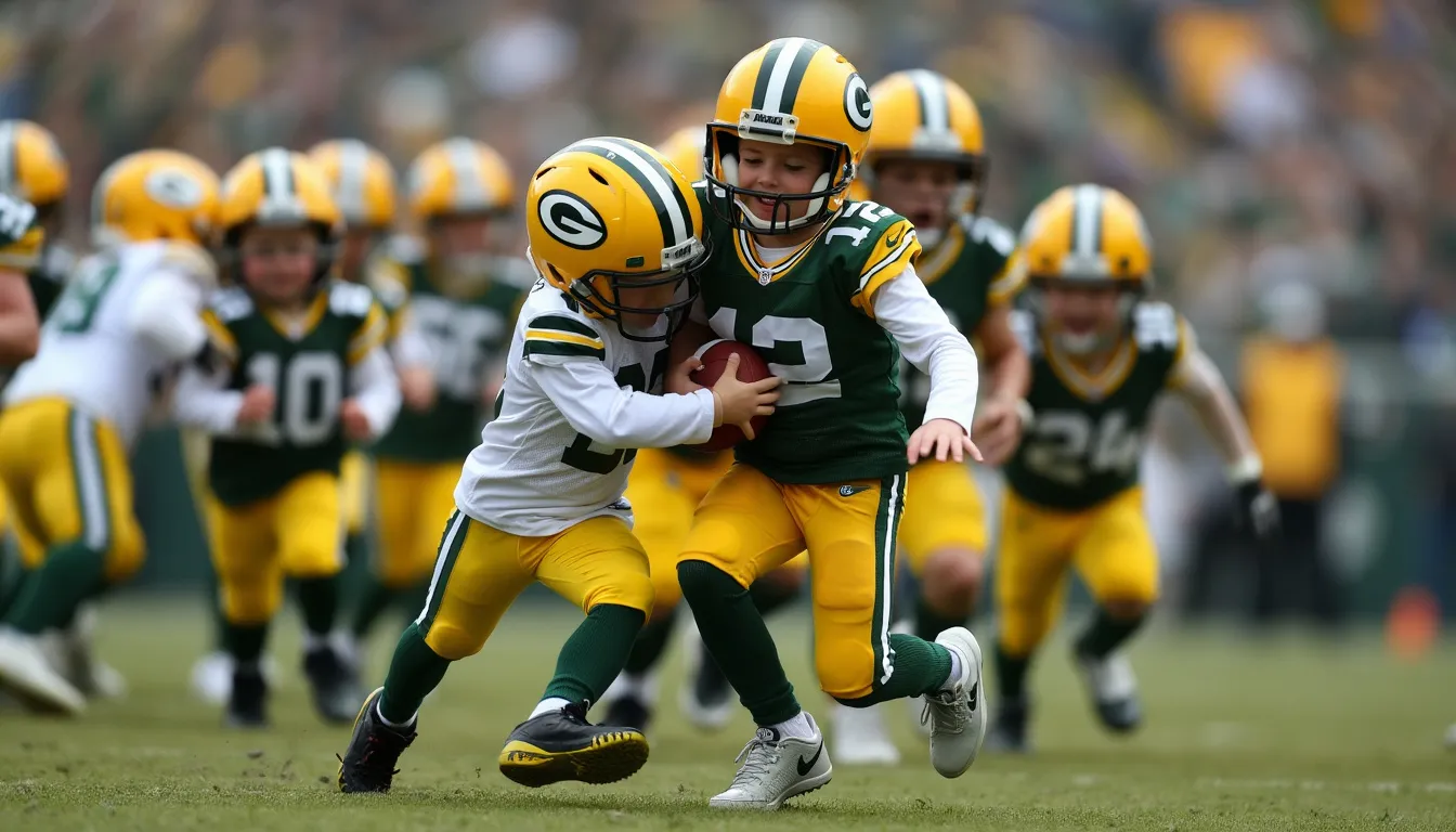 NFL Jets quarterback Aaron Rodgers getting tackled by midgets in nfl Greenbay packer uniforms