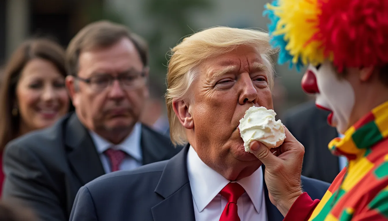 Donald Trump getting a cream pie smashed into his face from a clown 