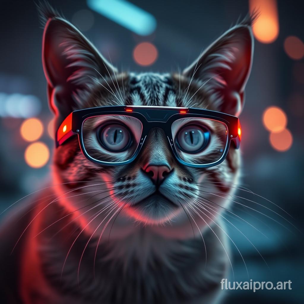 cat + glasses, cynematic light, futuristic, epic fantasy, 8k --ar 2:3