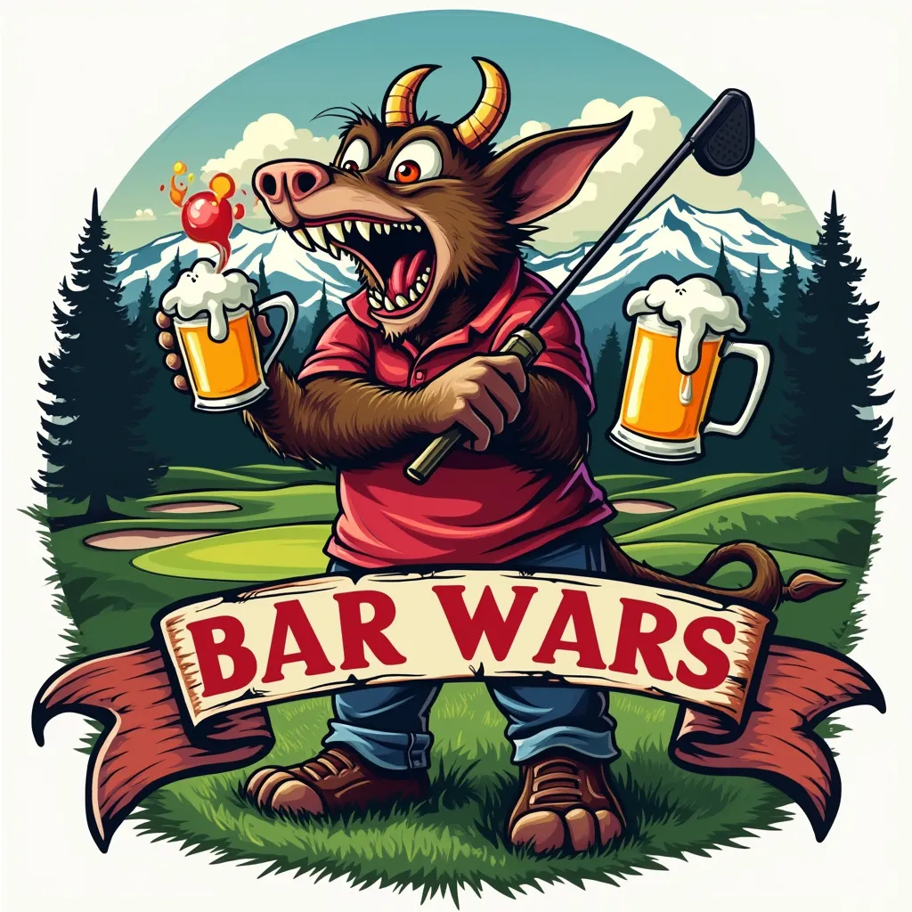 A beautiful logo of a crazy Tasmanian devil guzzling beers and swinging a golf club at beautiful mt. Hood  golf course with a banner that says “Bar Wars” and another banner that says “ Zig Zag Bar Czars”