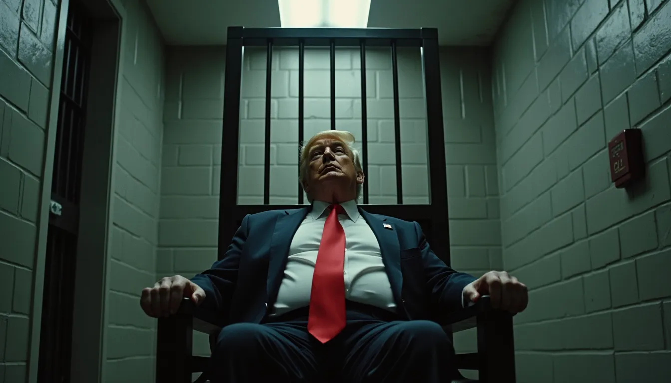 Donald Trump sitting in an electric chair inside a dismal looking jail cell