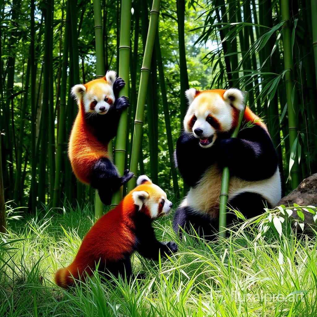 In a lush bamboo forest, a playful red panda, with its striking reddish-brown fur and bushy ringed tail, energetically climbs a sturdy green bamboo stalk, its small, rounded ears perked up in curiosity. Nearby, a large panda, with its distinctive black and white markings, is lazily munching on bamboo leaves, the sound of crunching filling the air. The sunlight filters through the dense foliage, casting dappled shadows on the forest floor, which is blanketed with soft, vibrant green grass. The atmosphere is serene, with the gentle rustle of leaves and occasional bird calls creating a soothing backdrop to the charming interaction between the two bears. The red panda occasionally pauses to glance at the larger creature, their contrasting sizes emphasizing the rich diversity of wildlife in this tranquil habitat.