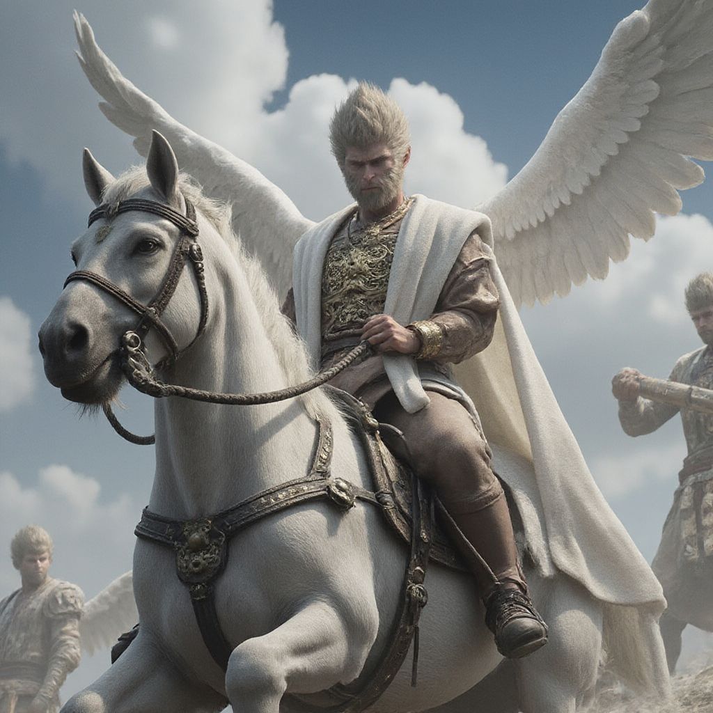 A close-up photo of Jesus as king riding on a white horse in the sky with white clouds and with his mighty angels with trumpets also coming with him to Jerusalem. Jesus has a sword come out of his month that kills the antichrist.