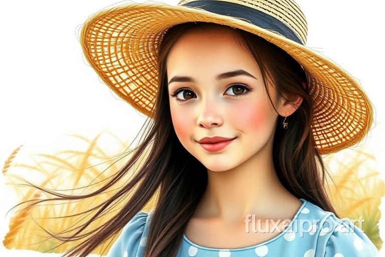 A close-up shot of a beautiful village girl wearing a straw hat. She has long, dark hair and is wearing a light blue dress with white polka dots. The background is a windy grassland. The image has a faded edge design. The style is watercolor and pen, and the background is a simple, white canvas.