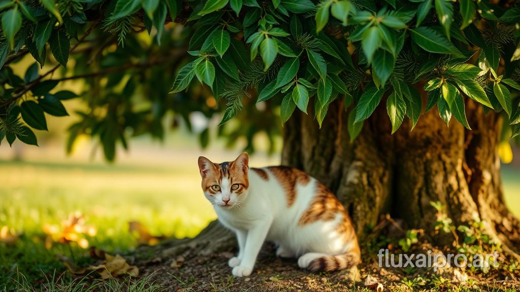 a cat under the tree