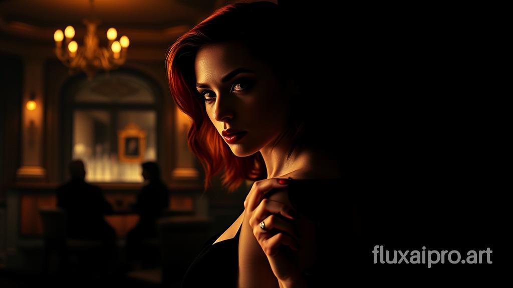 A double exposure painting of a vintage bar memory. In the foreground, there's a silhouette of a mysterious, sexy red-haired woman with chiseled features. She is wearing a black dress and is standing against a black background. She is drinking a glass of red wine. The soft, ambient light enhances her features, creating a sense of depth and contrast. Her piercing eyes gaze into the distance. The background reveals a vintage bar with a few patrons. The overall image has a nostalgic and wonderous atmosphere.