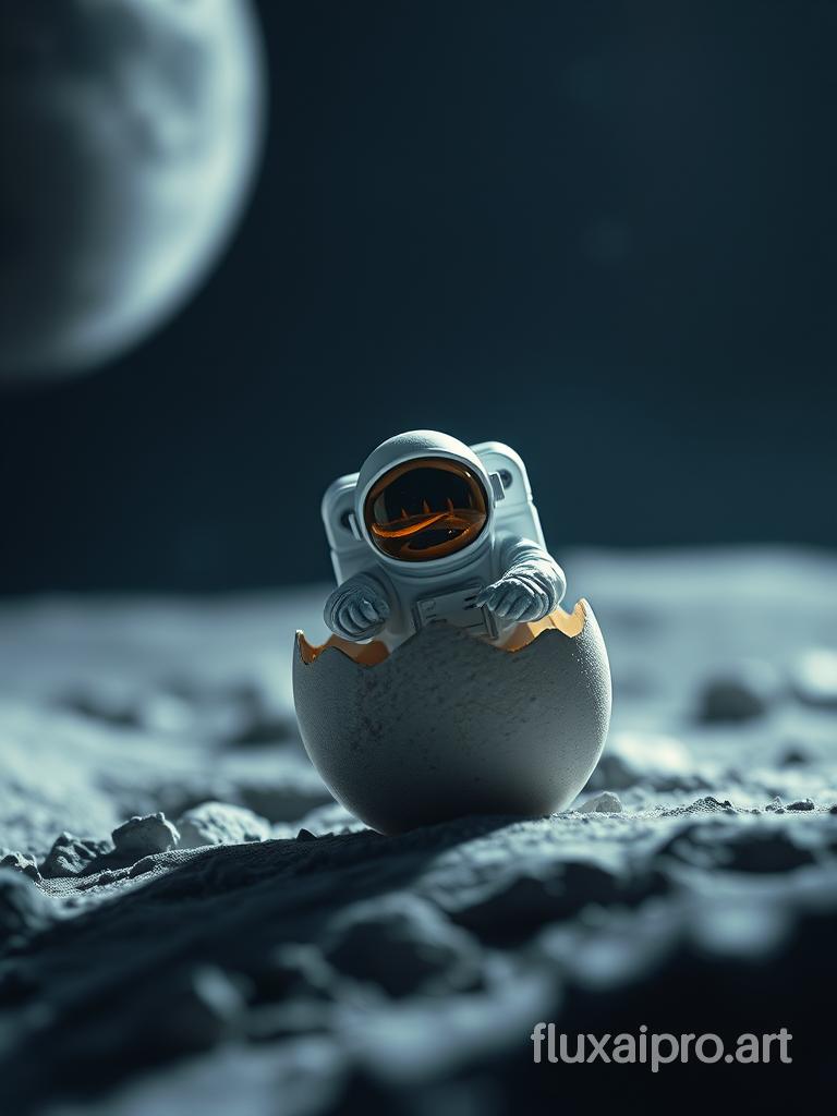 a tiny astronaut hatching from an egg on the moon