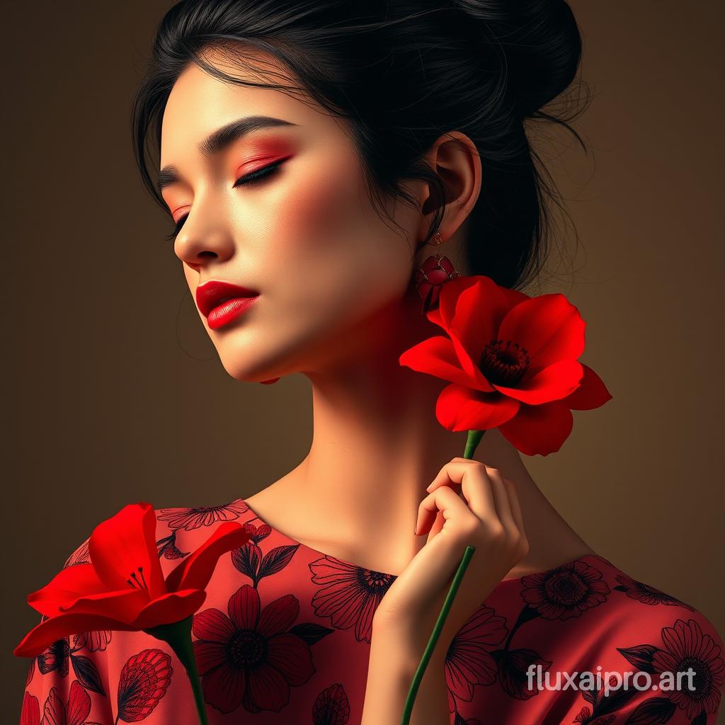 A hues graphic design publicity with striking and vibrant fashion style of a young woman in a serene, contemplative moment. With her eyesclosed and a gentle expression, she wears striking red earrings and holds a vibrant red flower close to her face. Her updo hairstyle features loose strands cascading freely, while her dress is adorned with intricate floral patterns., showcasing a bold halftone dot artistic style in a contrasting duotone color scheme, adorned with intricate botanic patterns, photo, conceptual art, poster, product, 3d render