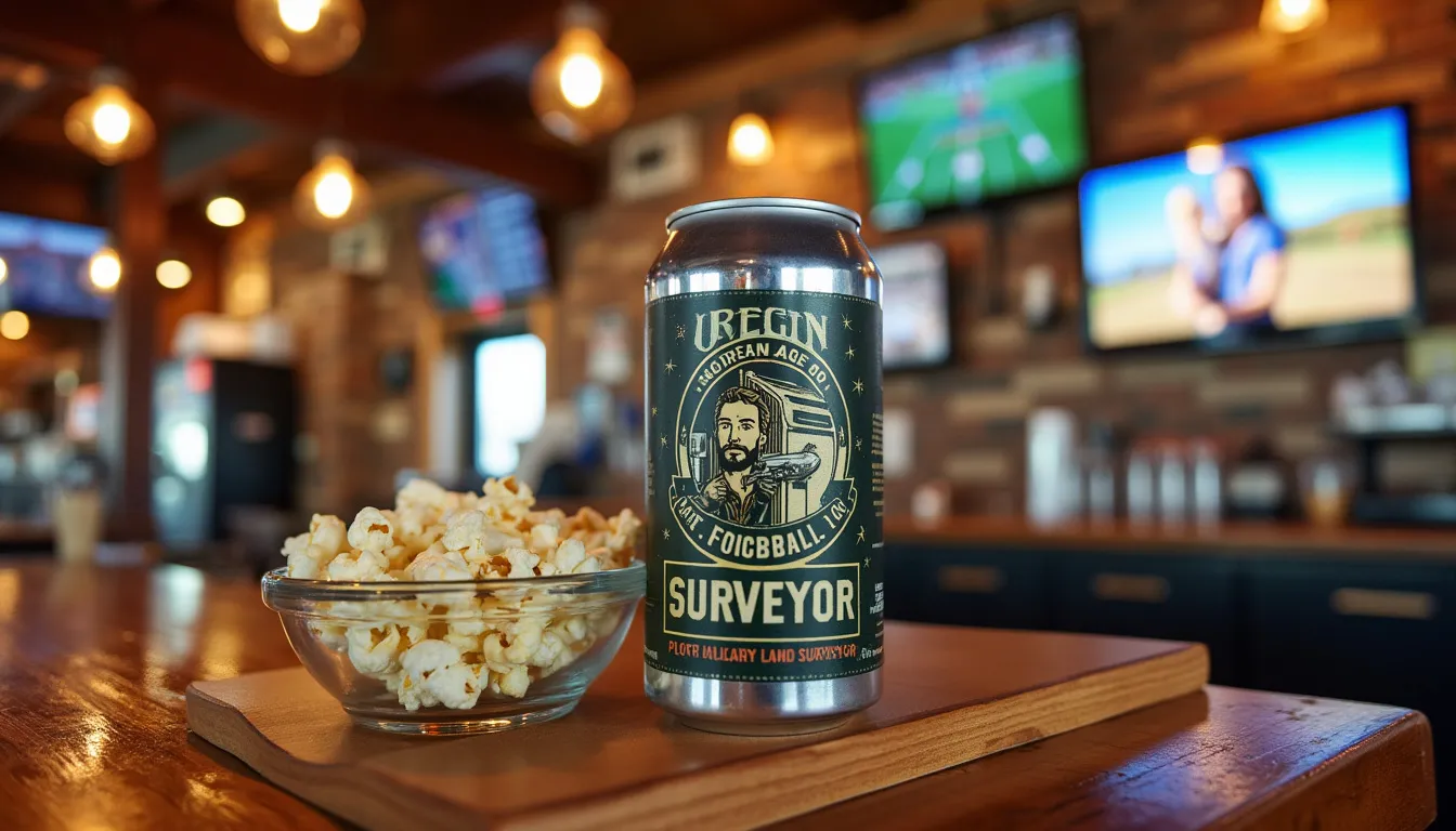 A beer can on an Oregon bar with a beer can logo on the can of a land surveyor and a label that says “Surveyor” with a bowl of popcorn and football on the tv 