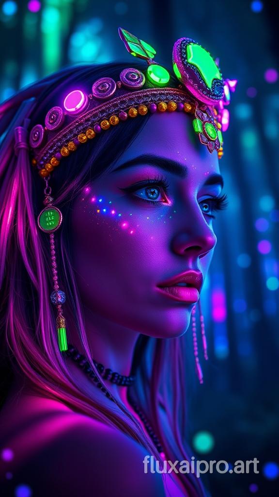 portrait | wide angle shot of eyes off to one side of frame, lucid dream-like woman, looking off in distance ::8 style | daydreampunk with glowing skin and eyes, styled in headdress, beautiful, she is dripping in neon lights, very colorful blue, green, purple, bioluminescent, glowing ::8 background | forest, vivid neon wonderland, particles, blue, green, purple ::7 parameters | rule of thirds, golden ratio, assymetric composition, hyper- maximalist, octane render, photorealism, cinematic realism, unreal engine, 8k ::7 --ar 16:9 --s 1000