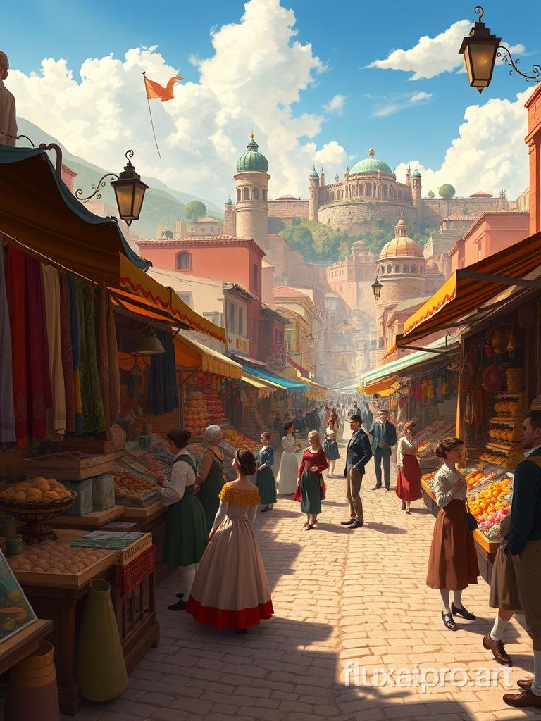 A sprawling landscape unfolds, depicting a vibrant market scene from a bustling century past, with colorful stalls adorned with rich fabrics and exotic spices, the air thick with the enticing aromas of freshly baked bread and roasted meats. The street bustles with characters dressed in period attire, men in tailored jackets and women in flowing dresses, their laughter and chatter blending with the distant sounds of a lively street performer playing a lute. Sunlight filters through the awnings, casting playful shadows on the cobblestones, while the warm glow of lanterns hints at the late afternoon sun beginning its descent, creating a nostalgic atmosphere filled with the charm of a bygone era.