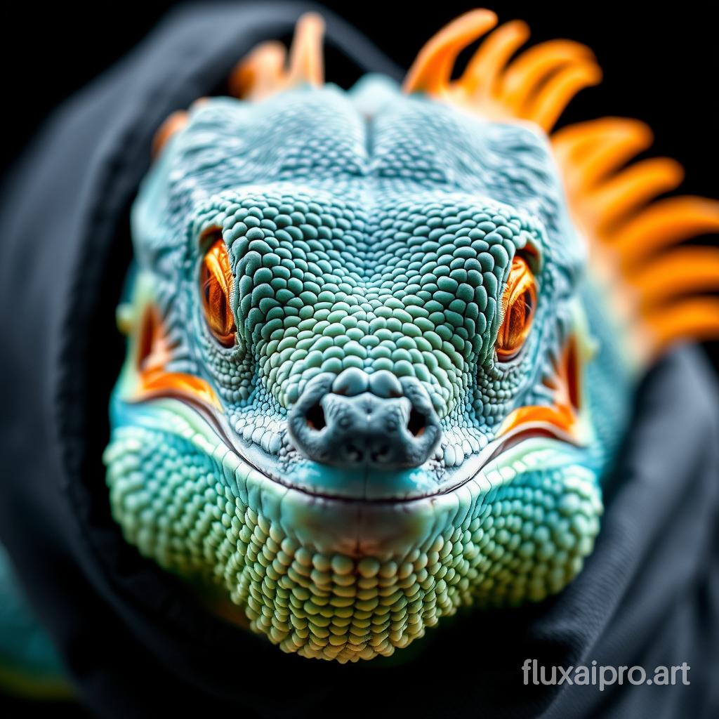 Close-up portrait of a majestic iguana with vibrant blue-green scales, piercing amber eyes, and orange spiky crest. Intricate textures and details visible on scaly skin. Wrapped in dark hood, giving regal appearance. Dramatic lighting against black background. Hyper-realistic, high-resolution image showcasing the reptile's expressive features and coloration.