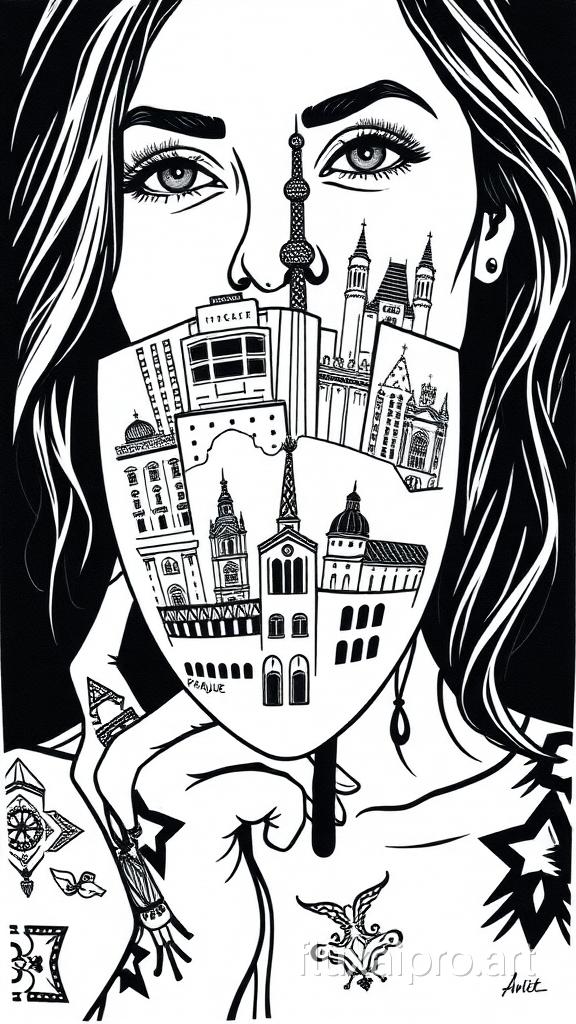 sharp linocut grafic print, black and white simple line art linocut with visible cuts, linocut print of a close portrait of a tattoed young woman with lose hair that is holding lowered simple white Ventetia full face carneval mask in front of her . On the mask are printed in simple black lines famous modern buildings of Prague like a Dancing house of Prague, Žížkov TV tower and other modern buildings of Prague. On woman's face there is in simple black lines tattoed Charles Bridge and Prague castle and other old historical Prague buildings.