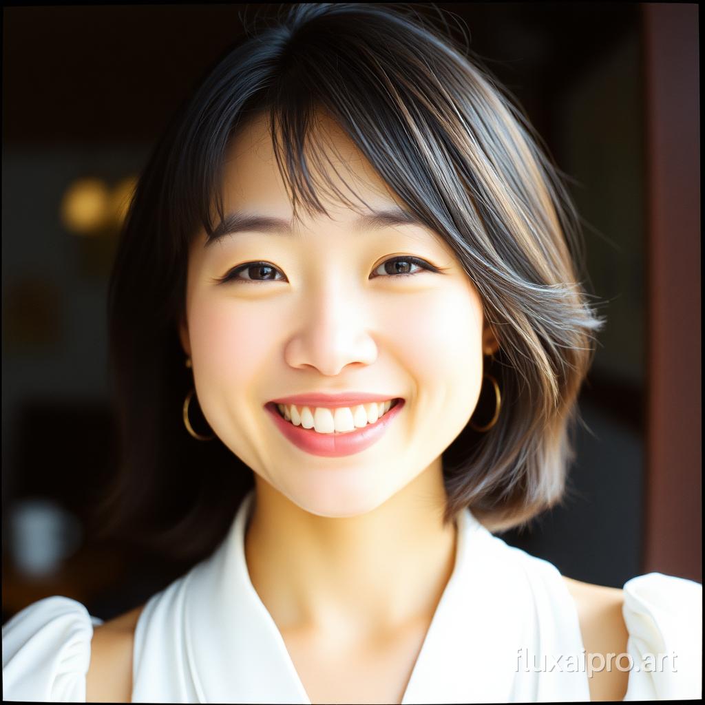 a japanese woman with a bit smile,  flmft photo style