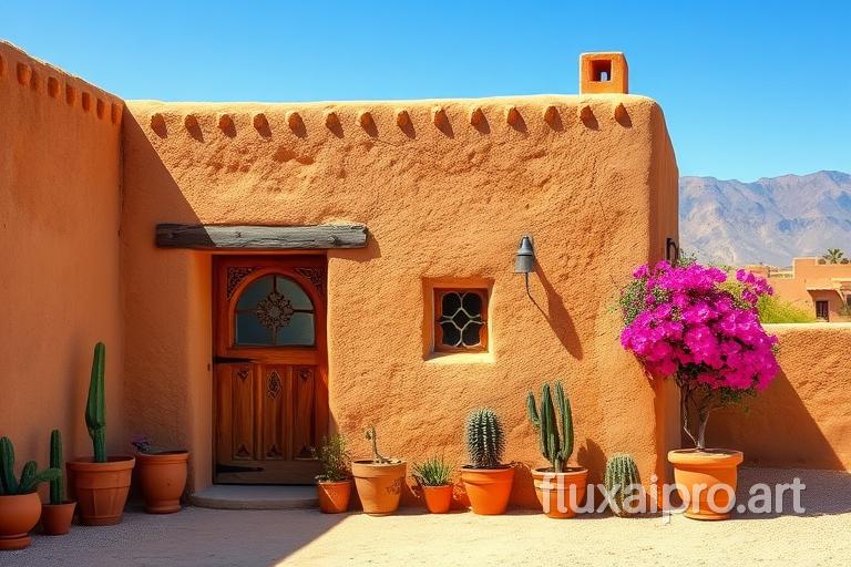 realistic image of a small traditional house in Morocco. The house is made of earthy, textured adobe walls with a flat roof, typical of Moroccan architecture. The front of the house features a wooden door with intricate carvings and a small window with decorative metal grilles. Surrounding the house is a peaceful, sunlit courtyard with potted plants, including vibrant bougainvillea and cacti. The scene is set in a quiet, rural area, with the backdrop of a clear blue sky and distant mountains, evoking a warm and inviting atmosphere.