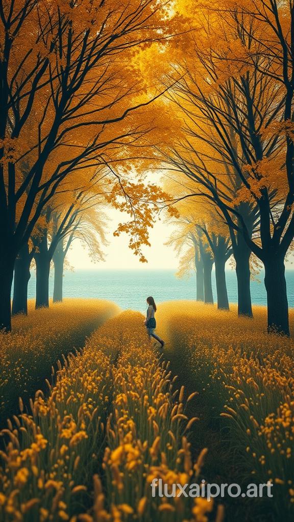 a girl walking through a field, in the style of ethereal trees, dark yellow and azure, majestic, sweeping seascapes, photorealistic representation, graceful balance, wimmelbilder, orange