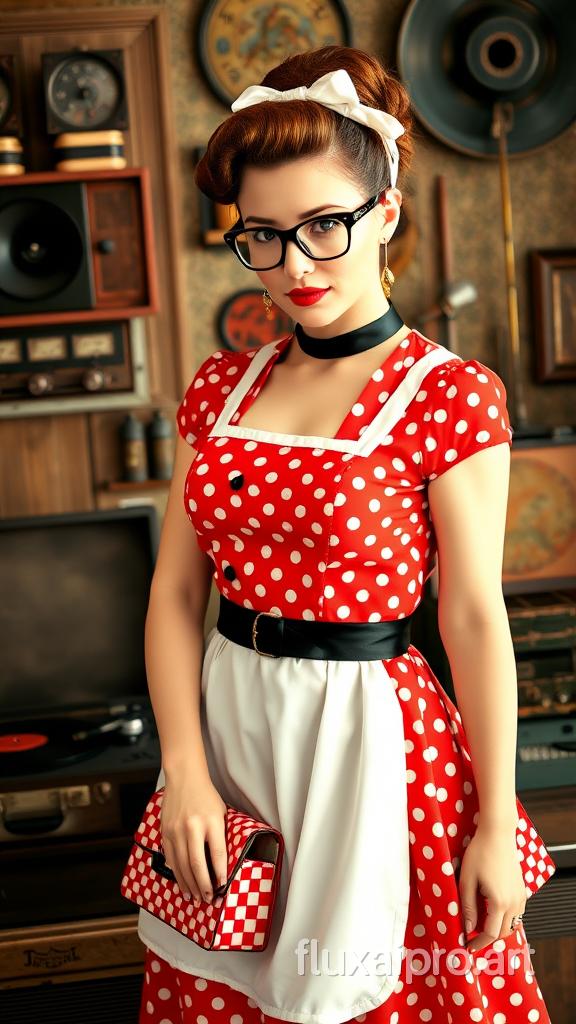 A stunning vintage rockabilly-inspired portrait photo, featuring a woman wearing a red polka dot dress with a black belt and a white apron. Her hair is styled in a classic 1950s updo, adorned with a stylish bow. She wears a pair of black cat-eye glasses and holds a red and white checkered handbag. Surrounding her are antique objects and a record player, giving the scene an authentic rockabilly vibe., portrait photography