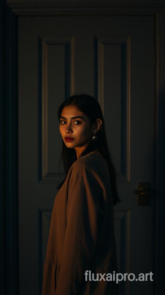 CNSTLL, portrait of a  woman standing against a door, night time, high resolution, 4k, cinestill 800t