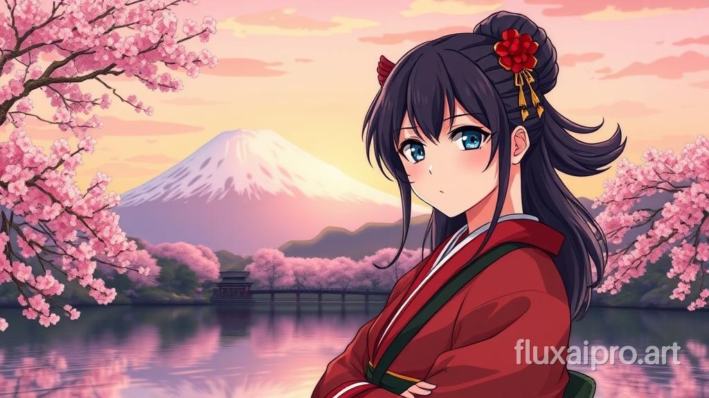 Anime style portrait of a female samurai at a beautiful lake with cherry trees, mountain fuji background, spring, sunset