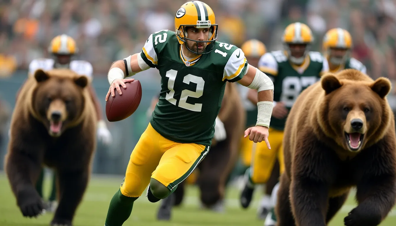 NFL Jets quarterback Aaron Rodgers being chased by bears