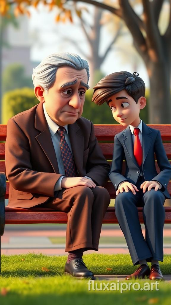 A close-up in 3D cartoon style of an old man with gray hair in a simple brown suit, sitting on a park bench, speaking to a young man in a navy-blue suit and red tie. The young man is looking sadly at the ground. Soft lighting, Pixar style, with vibrant colors.