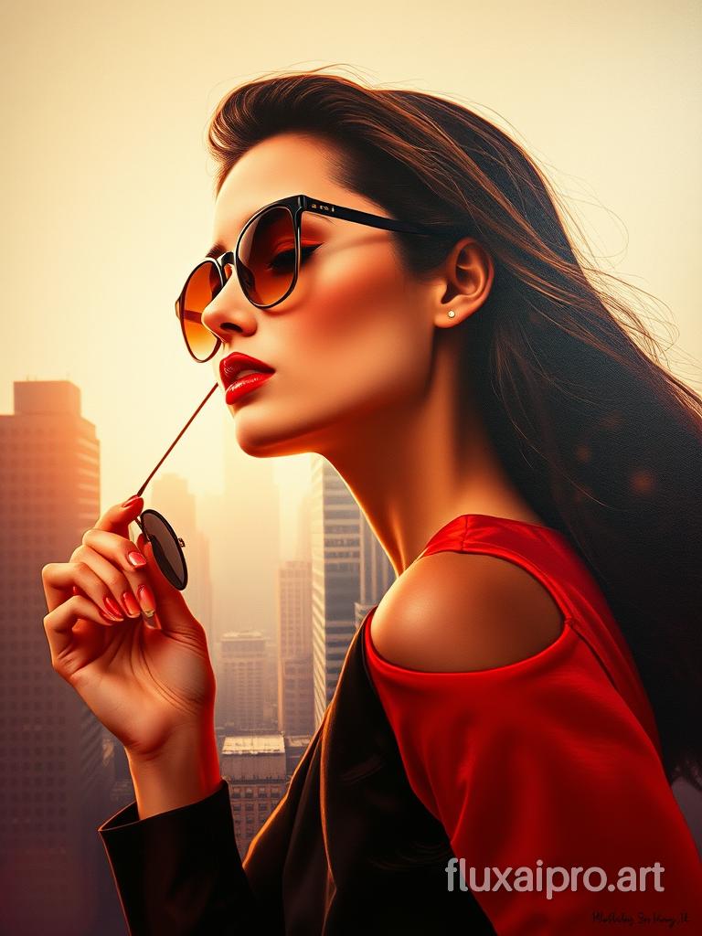 A stunning fashion-inspired painting featuring a captivating woman with her eyes closed, her elegantly tilted profile exuding confidence. She gracefully holds a pair of sunglasses, while her vibrant red lipstick creates a dramatic contrast against the muted background. The cityscape below her forms a double exposure effect, with towering buildings reflecting sunlight and casting a vibrant glow. The expertly balanced color palette of warm and cool tones, combined with the cinematic quality of the image, exudes glamour and sophistication, making a powerful fashion statement in a bold and striking manner.ᎩᗩᏆᔑ(◠‿◠), vibrant, painting, fashion, cinematic