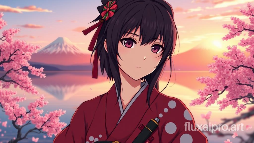 Anime style portrait of a female samurai at a beautiful lake with cherry trees, mountain fuji background, spring, sunset