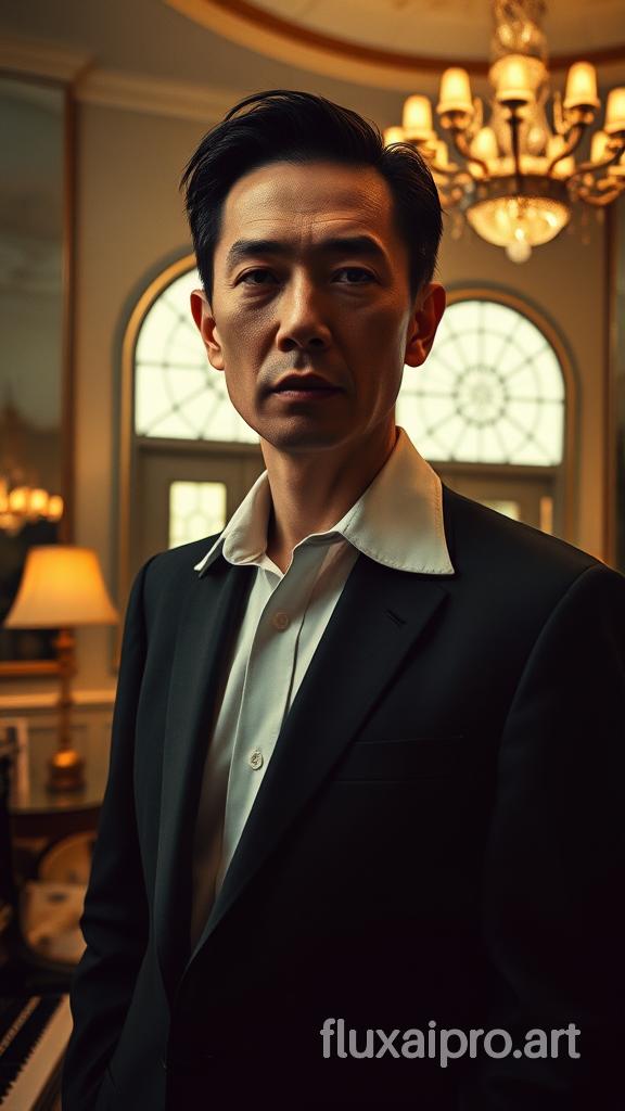 A gentleman of East Asian descent, mid-30s, light-olive skin, sharp features, wearing a tailored black suit and crisp white shirt, unbuttoned at the collar, stands in a dimly lit, art deco hotel lobby. His expression, a mix of curiosity and nostalgia, is captured in a dual-exposure, where his ghostly faded form overlooks a younger version of himself, seated at the grand piano, fingers dancing on the keys. The lobby embodies Wes Anderson's symmetrical aesthetic, with geometric patterns on thewallpaper and floor, ornate mirrors reflecting the opulent chandelier. Soft, warm hues dominate the scene, enhanced by a vintage color grade and visible film grain.yenSource lighting from a nearby window bathes the pianist in a subtle, late afternoon glow, while a table lamp to his left casts harsh shadows, dramatizing his focus. The gentleman's sharply focused gaze meets ours, while the younger self embodies Anderson's whimsical child persona, lost in his music.