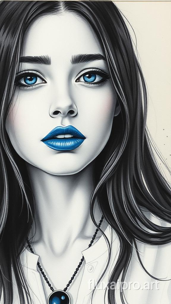 A hyper-realistic wet watercolor medium shot of a woman with delicate and tender features. The woman has long, dark hair and is wearing a white blouse and a dark necklace. The background is a beige wall with a few dots. The overall image has a monochromatic black and white composition, with the exception of the vibrant blue color of the woman's lips. The artist's skill is evident in the intricate details and textures of the ink.