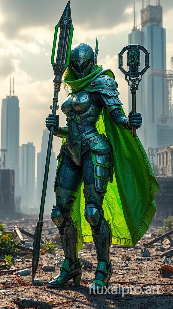 A futuristic eco-warrior, adorned in recycled materials armor, vibrant colors of green, blue, and silver, metallic textures, intricate details like circuit patterns, glowing LED lights, a cape made of repurposed plastic bags, holding a staff crafted from reclaimed metal, standing in a post-apocalyptic urban landscape, skyscrapers in ruins overtaken by nature, a robotic companion made of salvaged parts, dynamic pose, dramatic lighting casting long shadows, digital art, high resolution, cyberpunk aesthetic, inspired by the works of Simon Stålenhag and Syd Mead.The creator's signature, 'Sonia M', is placed at the bottom right corner, perfectly readable.