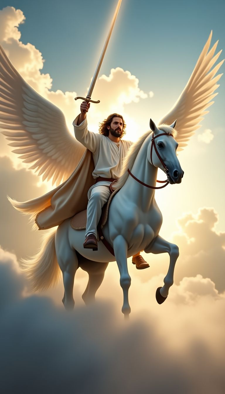 A photo of Jesus as king riding on a white horse in the sky with white clouds and with his mighty angels with trumpets also coming with him to Jerusalem. Jesus has a sword come out of his month that kills the antichrist.