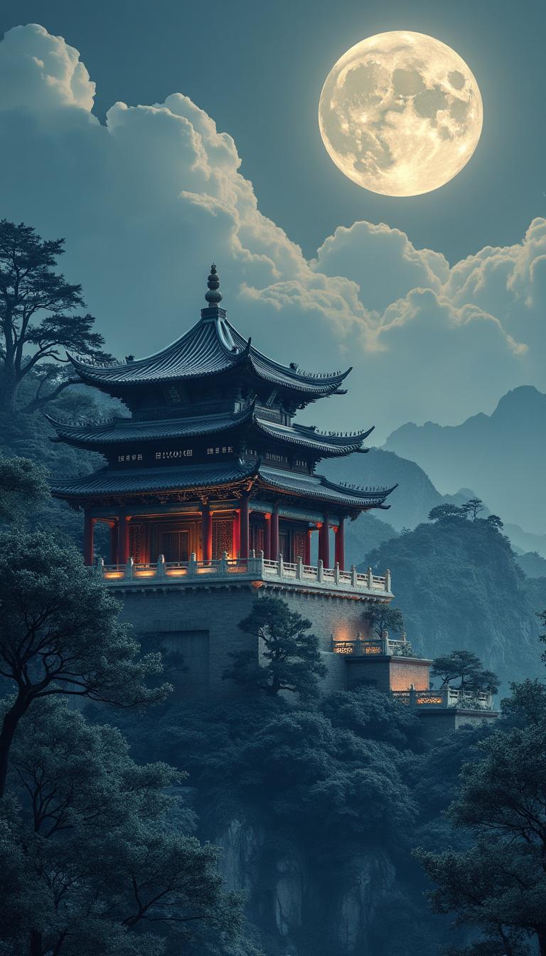 The prospect is a Chinese architecture, moon, trees, the sky is filled with clouds