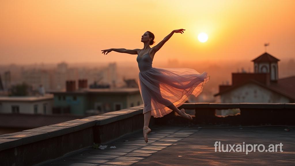 Ballerina mid-spin on a rustic rooftop, sunset light, soft reds and oranges, floating dress, amber glow, raw texture, cinematic lighting, photorealistic, 16:9

