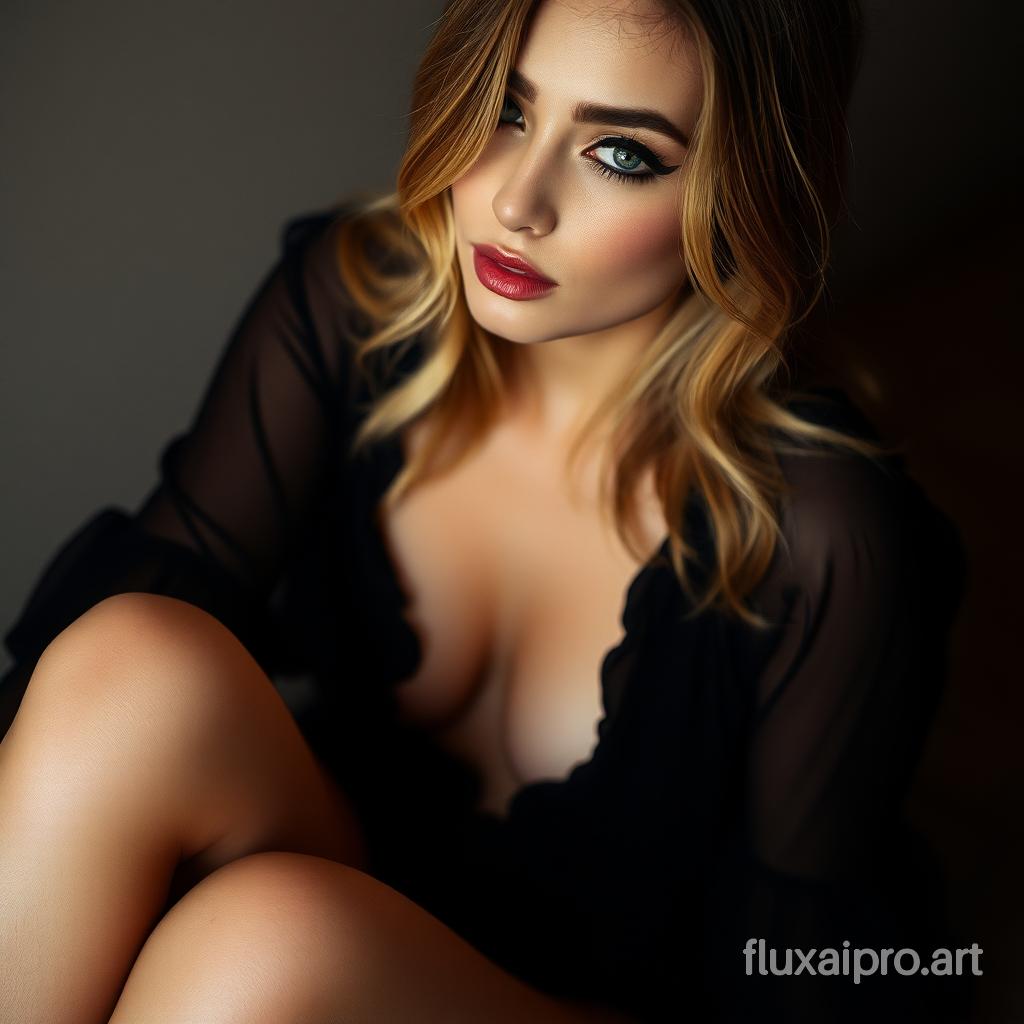 Soft Lighting Photography by Mimoza Veliu and Mario Giacomelli, beautiful, 20 years old, black bold eyeliner, makeup, loose blouse, cleavage, petite body, beautiful legs, realistic soft skin, analog photo, Cinematic,