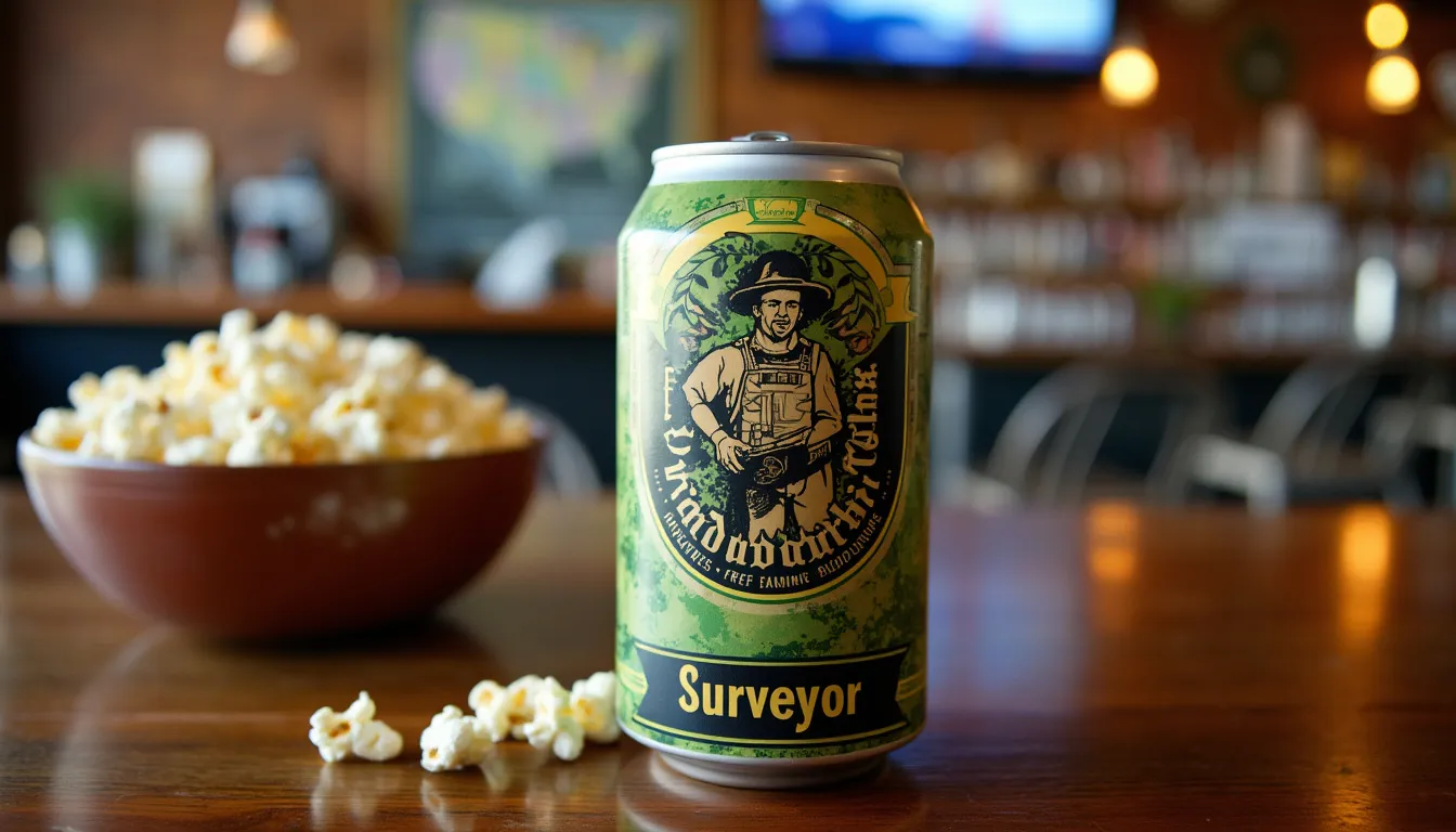 A beer can on an Oregon bar with a beer can logo on the can of a land surveyor and a label that says “Surveyor” with a bowl of popcorn and football on the tv 