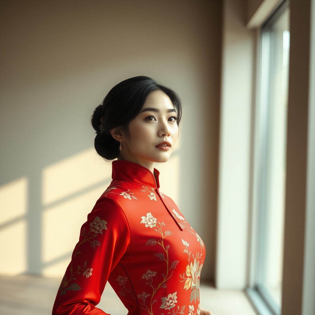 In a sleek, modern studio, a Chinese woman stands poised, her expression serene yet captivating. The soft, natural light from large windows highlights her delicate features and the subtle elegance of her traditional attire. The background is a minimalist canvas of muted tones, allowing her vibrant qipao to stand out with its intricate embroidery. The air is filled with a faint, soothing scent of jasmine, enhancing the tranquil atmosphere. Her movements are graceful, each pose a testament to her cultural heritage, as the camera captures her essence in a series of timeless frames.