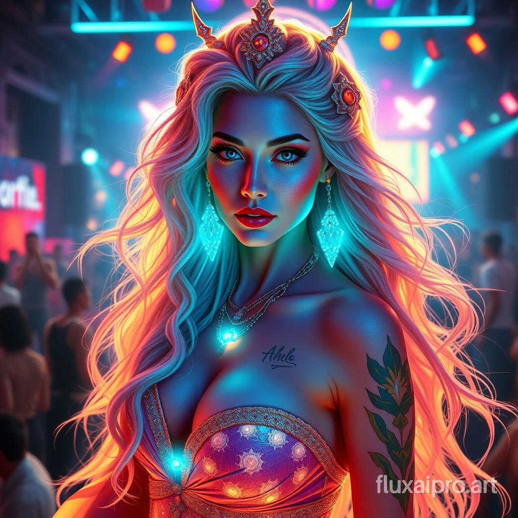  "Create a highly detailed and vibrant image of a goddess-like lady designed for a rave party poster. The lady should have a majestic and ethereal appearance, with flowing, luminous hair with subtle neon accents. She has glowing tattoos and celestial-inspired accessories that enhance her divine aura. Her outfit should be elegant and radiant, with shimmering materials that catch the lights of the rave. The background should feature a lively, energetic atmosphere with neon lights and a crowd of partygoers. The lady should be looking directly at the camera with a confident and captivating gaze. The overall style should be dynamic and eye-catching, perfect for a rave party poster."

Commands:

--v 5
--stylize 500
--ar 9:16 (portrait orientation)
--quality 5 (for enhanced detail)
--no blur (to keep the image sharp and clear)