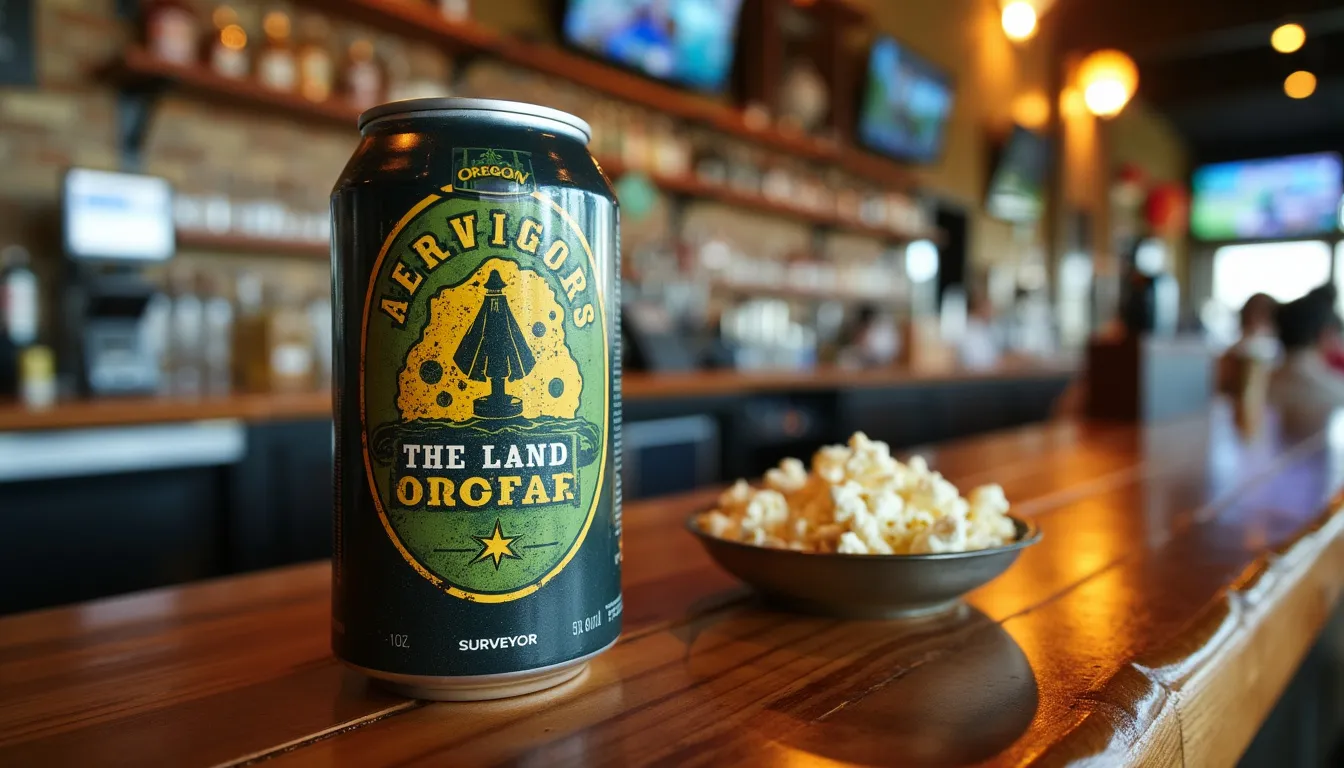 A beer can on an Oregon bar with a beer can logo on the can of a land surveyor and a label that says “Surveyor” with a bowl of popcorn and football on the tv 