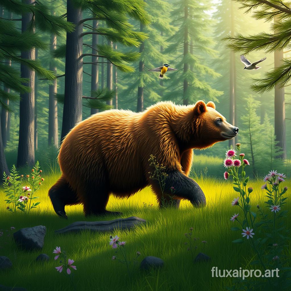 In the midst of a lush green forest, a majestic bear roams gracefully, its thick, russet fur glistening in the dappled sunlight that filters through the towering pines. The bear's powerful form moves with a lumbering elegance, each paw leaving a deep imprint in the soft earth. Surrounding it, the rich scent of wildflowers and damp soil fills the air as birds chirp melodiously overhead. The bear pauses to sniff the air, its keen senses detecting the faint scent of berries nearby, while the gentle rustle of leaves hints at the presence of other woodland creatures. Its dark eyes sparkle with curiosity and intelligence, embodying the raw beauty and strength of nature.