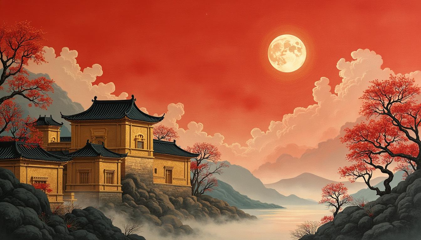 an ancient Landscape painting, poetic, invisible
the prospect is a Chinese architecture, moon, trees, the sky is filled with clouds
the minimalist style, prints
the architectures are golden, a red background