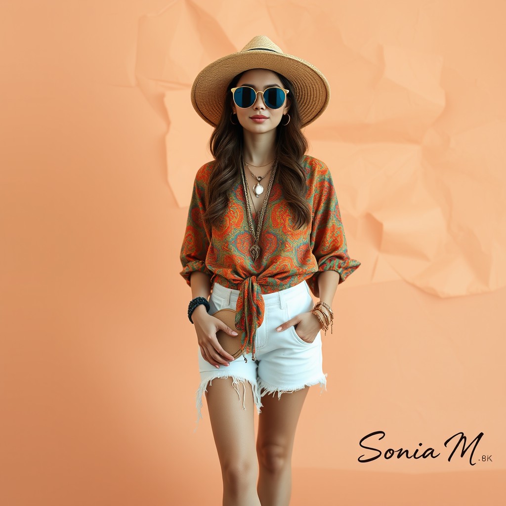 A woman dressed in a bohemian style, standing against a backdrop of crumpled paper in shades of peach. She wears a wide-brimmed straw hat, round sunglasses, and a colorful, patterned blouse. The blouse has a tie-around waist, and she pairs it with white shorts that have frayed edges. She holds a round, beige clutch in her hand. The woman has long, wavy brown hair and is adorned with various jewelry pieces, including a necklace and bracelets.8k.UHD.The creator's signature, 'Sonia M', is placed at the bottom right corner, perfectly readable., painting, architecture, fashion, illustration, 3d render