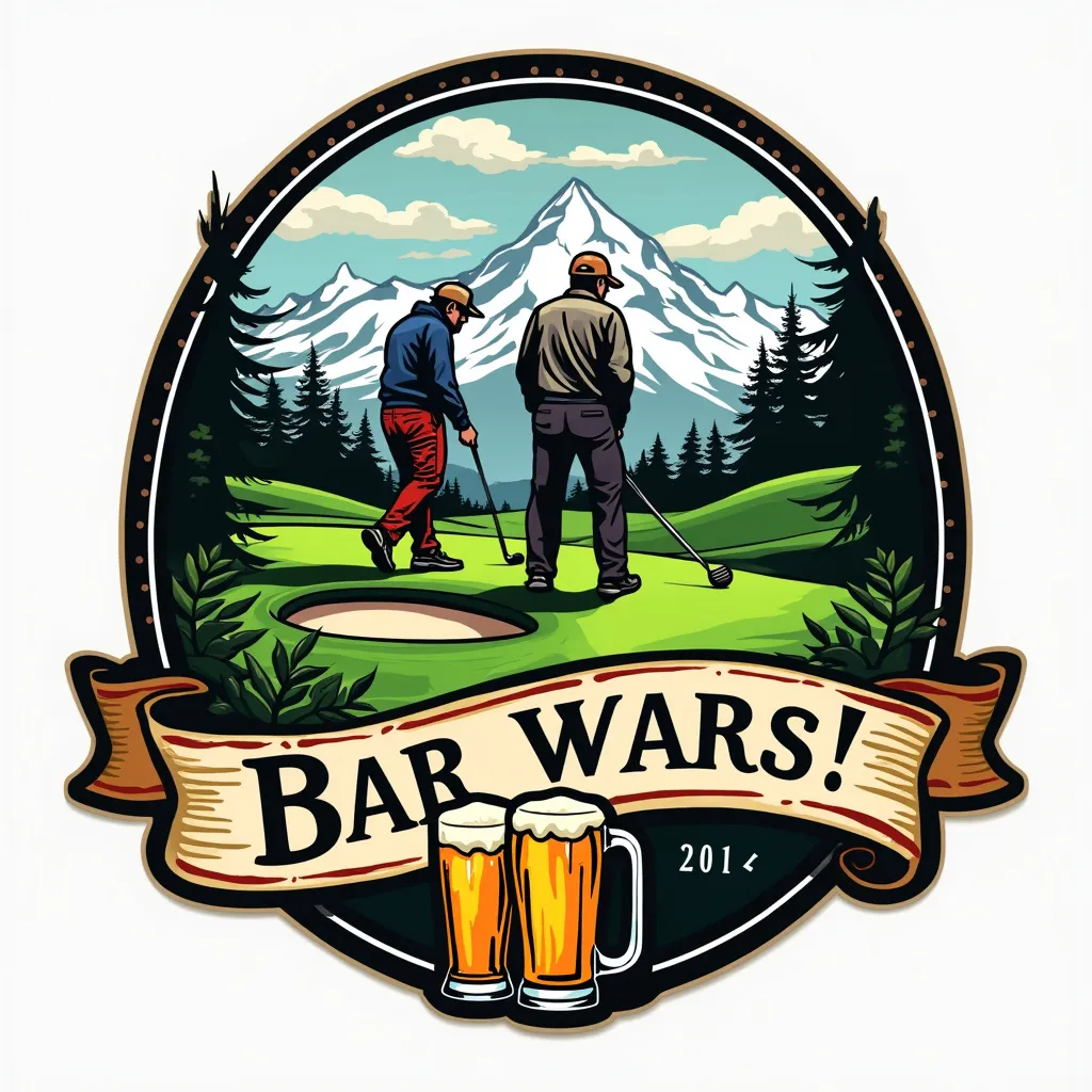 Beautiful logo of golfers on golf course in Mt Hood Oregon with a banner that says “Bar Wars!” And pints of beer