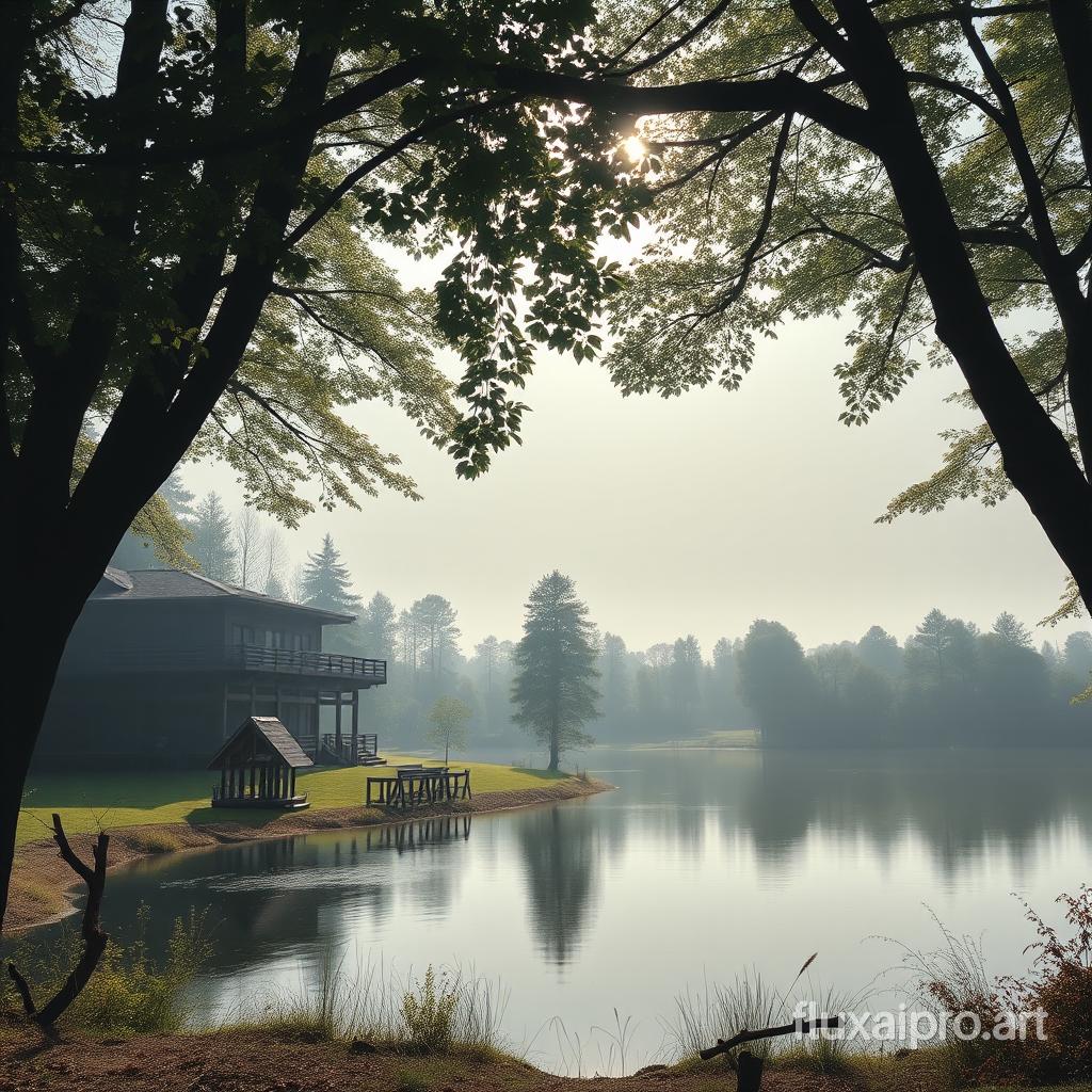 A poignant image of a wooden complex and a tranquil lake. The diffused sunlight filters through the leaves of the surrounding trees, creating a tranquil atmosphere., photo, cinematic