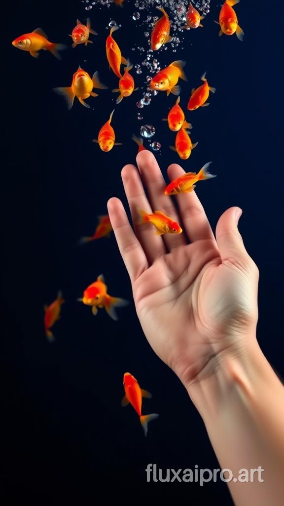 A hand reaching up towards a stream of goldfish swimming down from the top of the frame. The hand is open, palm facing upward, as if trying to catch the fish. The background is a dark blue, creating a strong contrast with the bright orange fish.