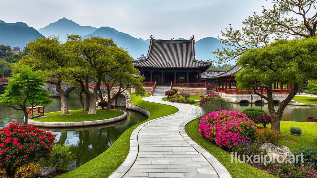 A photorealistic photo of the Suzhou classic scholar garden. A meander path leads to the main hall, which has a Dutch-gable roof. There are beautiful trees and flowers planted alongside the water edges. The background contains mountains, bridges, and pavilions. The overall image has a serene atmosphere.